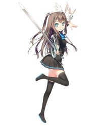 Rule 34 | 10s, ange vierge, blue eyes, bow, bowtie, brown hair, hinata miumi, kantoku, long hair, sidetails, simple background, skirt, sword, thighhighs, twintails, weapon