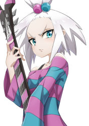 Rule 34 | 1girl, ajula wachula, aqua eyes, bare shoulders, bass guitar, breasts, closed mouth, commentary request, creatures (company), eyelashes, game freak, guitar, hair bobbles, hair ornament, highres, holding, holding instrument, instrument, looking to the side, nintendo, pokemon, pokemon bw2, roxie (pokemon), shiny skin, small breasts, solo, topknot, upper body, v-shaped eyebrows, white background, white hair, wide sleeves