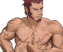 Rule 34 | 1boy, abs, beard, blue eyes, brown hair, completely nude, facial hair, fate/grand order, fate (series), horikwawataru, long sideburns, looking at viewer, male focus, muscular, napoleon bonaparte (fate), nude, pectorals, scar, sideburns, solo, toned, toned male, tongue, tongue out, topless male, white background