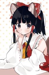 Rule 34 | 1girl, akagashi hagane, animal ears, ascot, bare shoulders, black hair, blunt bangs, blush, bow, brown eyes, detached sleeves, frilled shirt collar, frills, hair bow, hair tubes, hakurei reimu, half updo, head rest, kemonomimi mode, long sleeves, looking at viewer, paw print, polka dot, polka dot background, red bow, red skirt, ribbon-trimmed sleeves, ribbon trim, short hair with long locks, sidelocks, skirt, skirt set, solo, touhou, upper body, white background, wide sleeves, wily beast and weakest creature, yellow ascot