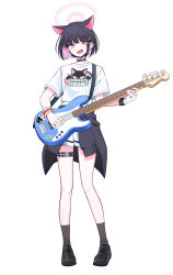 Rule 34 | 1girl, absurdres, animal ears, bass guitar, belt, black choker, black hair, blue archive, cat ears, choker, clothes around waist, colored inner animal ears, colored inner hair, earrings, extra ears, fender jazz bass, full body, halo, highres, holding, holding bass guitar, holding instrument, ichiki 1, instrument, jacket, jacket around waist, jewelry, kazusa (band) (blue archive), kazusa (blue archive), looking at viewer, multicolored hair, open mouth, pink hair, pink halo, print shirt, red eyes, shirt, short hair, solo, stud earrings, thigh belt, thigh strap, white background, wristband