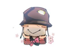 Rule 34 | 1boy, :v, beard stubble, blush stickers, bow, bowtie, chibi, cropped torso, elbow rest, facial hair, happy aura, hard hat, hat over eyes, helmet, long sleeves, male focus, pink bow, pink bowtie, red soldier (tf2), sdz (inazuma), smile, soldier (tf2), solo, stubble, team fortress 2