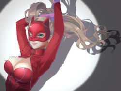 Rule 34 | 1girl, arms up, blonde hair, blue eyes, bodysuit, breasts, cat mask, catsuit, cleavage, clothing cutout, earrings, from side, gloves, grin, jewelry, large breasts, long hair, looking at viewer, mask, one eye closed, persona, persona 5, purple gloves, queen elicca, red bodysuit, simple background, smile, spotlight, takamaki anne, tsurime, twintails, twitter username, upper body, wavy hair, zipper, zipper pull tab