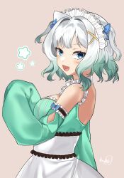 Rule 34 | 1girl, absurdres, artist name, backless dress, backless outfit, blue eyes, detached collar, detached sleeves, dress, ghost girl, gradient hair, green dress, green hair, green sleeves, hair intakes, hair ornament, highres, indie virtual youtuber, looking at viewer, maid, maid headdress, mint fantome, multicolored hair, open mouth, sleeves past fingers, sleeves past wrists, smile, solo, star (symbol), teeth, triangular headpiece, two side up, virtual youtuber, wakiobake, white hair, x hair ornament