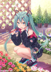 Rule 34 | 1girl, aqua eyes, aqua hair, bubble, blowing bubbles, character name, commentary request, flower, fukahire (ruinon), hair between eyes, hatsune miku, headphones, highres, jacket, long hair, looking at viewer, nail polish, off shoulder, outdoors, plant, potted plant, shoes, skirt, sneakers, solo, squatting, twintails, very long hair, vocaloid