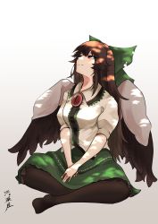 Rule 34 | 1girl, absurdres, black hair, bow, cape, closed mouth, full body, gradient background, green bow, green skirt, hair bow, highres, indian style, long hair, red eyes, reiuji utsuho, shirt, short sleeves, sitting, skirt, smile, solo, third eye, touhou, v arms, white background, white cape, white shirt, yagoro kusuriya