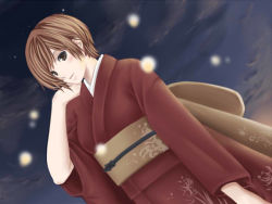 Rule 34 | 1girl, :d, blue sky, brown eyes, brown hair, brown sash, cloud, commentary request, dutch angle, fireflies, hair between eyes, japanese clothes, kimono, looking at viewer, meiko (vocaloid), obi, open mouth, red kimono, sash, scarf, short hair, sky, smile, solo, sunset, tomo-graphy, upper body, vocaloid, wide sleeves