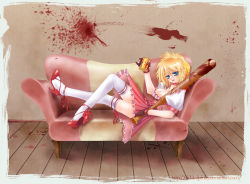 Rule 34 | bad girl, baseball bat, blonde hair, blood, blue eyes, couch, frills, gloves, grasshopper manufacture, high heels, lolita fashion, lying, no more heroes, solo, thighhighs, weapon