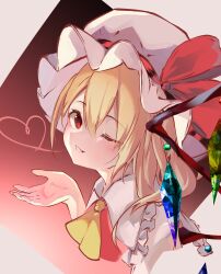 Rule 34 | 1girl, absurdres, ascot, blonde hair, collared shirt, crystal, crystal wings, flandre scarlet, frilled shirt collar, frills, hat, heart, highres, looking at viewer, medium hair, mob cap, one eye closed, open hand, r utchi, red background, red eyes, red vest, shirt, slit pupils, smile, solo, tagme, touhou, vest, white background, white hat, white shirt, wings, yellow ascot
