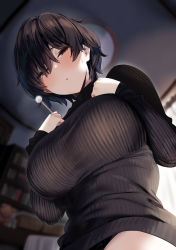Rule 34 | 1girl, absurdres, black hair, black panties, black sweater, blurry, blurry background, blush, book, bookshelf, breasts, ceiling, ceiling light, clenched hands, commentary request, curtains, day, enokido (reido1177), fisheye, from below, hair between eyes, hair over one eye, half-closed eyes, hands on own chest, hands up, highres, holding, indoors, large breasts, long sleeves, looking at viewer, looking down, mimikaki, no pants, original, panties, parted lips, red eyes, ribbed sweater, short hair, solo, stuffed toy, sweat, sweater, underwear, upper body