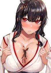 Rule 34 | 1girl, bad id, bad twitter id, black hair, blush, breasts, chocolate, chocolate on body, chocolate on breasts, closed mouth, collarbone, detached sleeves, food on body, hair between eyes, hair ornament, highres, japanese clothes, kantai collection, large breasts, miyako (rgrayt), red eyes, ribbon-trimmed sleeves, ribbon trim, short hair, simple background, solo, upper body, white background, white sleeves, wide sleeves, yamashiro (kancolle)