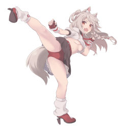 Rule 34 | 1girl, animal ear fluff, animal ears, azur lane, blush, braid, breasts, crop top, fang, fingerless gloves, full body, gloves, high heels, long hair, midriff, misashi (raichi821), navel, no bra, open mouth, pleated skirt, red eyes, red footwear, short sleeves, silver hair, simple background, skirt, solo, tail, thick eyebrows, underboob, white background, wolf ears, wolf tail, yuudachi (azur lane)