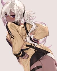 Rule 34 | arknights, camel ears, camel girl, camel tail, coat, dark skin, fingerless gloves, from behind, gloves, hand on own hip, highres, kochiya (gothope), long hair, looking at viewer, looking back, miniskirt, skirt, thigh strap, tuye (arknights), white hair, yellow coat
