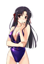 Rule 34 | 1girl, black eyes, black hair, breasts, cleavage, closed mouth, collarbone, cowboy shot, game cg, hair between eyes, hair intakes, hair ribbon, highleg, highleg swimsuit, highres, koga sayoko, long hair, looking at viewer, medium breasts, misaki kurehito, one-piece swimsuit, parted bangs, partially unzipped, purple one-piece swimsuit, red ribbon, ribbon, smile, smile cubic!, solo, standing, straight hair, swimsuit, tachi-e, thigh gap, transparent background, very long hair