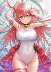 Rule 34 | 1girl, absurdres, ahoge, armpits, bad anatomy, bad id, bad twitter id, bell, blush, breasts, covered navel, green eyes, hair between eyes, hair ornament, hairclip, highres, hololive, large breasts, long hair, looking at viewer, one-piece swimsuit, open mouth, partially submerged, pink hair, sakura miko, solo, swimsuit, uni ikura, virtual youtuber