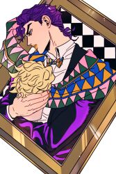 Rule 34 | 1boy, blonde hair, bow, bowtie, commentary request, dio brando, highres, holding head, jacket, jojo no kimyou na bouken, jonathan joestar, long sleeves, looking to the side, male focus, official alternate costume, parted lips, phantom blood, picture frame, profile, purple hair, scarf, severed head, shenshan laolin, triangle print