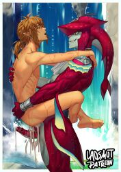Rule 34 | 2boys, anal, artist name, barefoot, blonde hair, border, bracer, colored skin, commentary, commission, completely nude, cum, earrings, ejaculation, english commentary, extra penises, fins, fish boy, grin, highres, jewelry, laovaan, link, male penetrated, monster boy, multicolored skin, multiple boys, nintendo, nude, open mouth, pointy ears, ponytail, red skin, sex, sidon, smile, suspended congress, the legend of zelda, the legend of zelda: breath of the wild, water, waterfall, white border, yaoi, zora