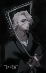 Rule 34 | 1boy, artist name, black background, bleach, blonde hair, english text, gravitydusty, hair over one eye, highres, holding, holding sword, holding weapon, kira izuru, korean text, long sleeves, looking at viewer, short hair, signature, simple background, sword, weapon, wide sleeves, zanpakutou