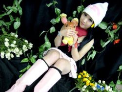 Rule 34 | 1girl, asian, bare arms, bare shoulders, beanie, black shirt, black socks, blue flower, blue hair, boots, buneary, cosplay, creatures (company), dawn (pokemon), dawn (pokemon) (cosplay), dutch angle, facing viewer, flower, game freak, gen 4 pokemon, hat, legs together, looking at viewer, nintendo, photo (medium), pink footwear, pink skirt, pokemon, red flower, shirt, sitting, skirt, socks, solo, stuffed animal, stuffed toy, white flower, yellow flower