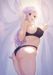 Rule 34 | 1girl, a-o a, absurdres, ass, black panties, breasts, commission, commissioner upload, covered erect nipples, curtain grab, curtains, fanbox username, fire emblem, fire emblem: genealogy of the holy war, highres, ishtar (fire emblem), large breasts, long hair, nintendo, non-web source, open mouth, panties, patreon username, purple eyes, purple hair, shirt, sunlight, thighs, underwear
