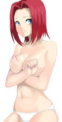 Rule 34 | 1girl, abs, blue eyes, breasts, code geass, covering privates, covering breasts, female focus, kouzuki kallen, large breasts, panties, red hair, shin&#039;ya (shin&#039;yanchi), simple background, solo, sweat, topless, underwear, white background, white panties