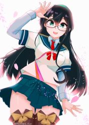 Rule 34 | 1girl, black hair, blue sailor collar, blue skirt, bow, breasts, cherry blossoms, cowboy shot, dress shirt, epaulettes, glasses, green eyes, hair between eyes, hairband, highres, hip vent, kantai collection, lace, lace-trimmed legwear, lace trim, long hair, long sleeves, looking at viewer, mori tarou, necktie, ooyodo (kancolle), open mouth, red necktie, sailor collar, school uniform, serafuku, shirt, skirt, smile, solo, thighhighs, white background