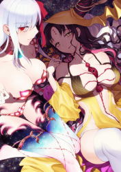Rule 34 | 2girls, black hair, breasts, choker, cleavage, collarbone, commentary request, earrings, facial mark, fate/grand order, fate (series), forehead mark, hair ribbon, horns, jewelry, kama (beast iii/l) (fate), kama (fate), large breasts, long hair, looking at viewer, lying, mikura (miraclemicro), multiple girls, on back, red eyes, ribbon, sessyoin kiara, sessyoin kiara (beast iii/r), sitting, thighhighs, white hair, white legwear, yellow eyes