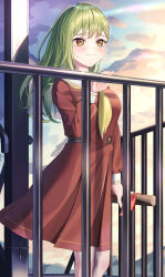 Rule 34 | 1girl, :3, absurdres, asumi dori, asymmetrical hair, blush, breasts, brown dress, brown eyes, closed mouth, cloud, cloudy sky, dress, feet out of frame, graduation, green hair, hair ornament, hairclip, hand on railing, hasu no sora school uniform, highres, holding, in-universe location, large breasts, link! like! love live!, long hair, long sleeves, looking at viewer, love live!, medium dress, neckerchief, oogami sachi, outdoors, pleated dress, sailor collar, sailor dress, school uniform, shadow, single sidelock, sky, smile, solo, standing, straight hair, tube, white sailor collar, winter uniform, yellow neckerchief