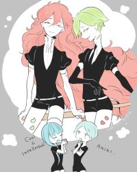 Rule 34 | 4others, androgynous, benitoite (houseki no kuni), black necktie, blue hair, closed eyes, cojima, colored eyelashes, colored skin, elbow gloves, gloves, heart, hemimorphite (houseki no kuni), houseki no kuni, long hair, multiple others, necktie, other focus, own hands together, padparadscha (houseki no kuni), parted hair, peridot (houseki no kuni), red eyes, thinking, twitter username, uniform, very long hair, white gloves, white skin