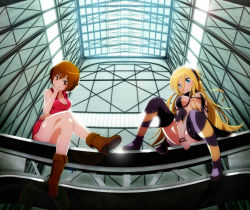Rule 34 | 2girls, bad id, bad nicoseiga id, blonde hair, blue eyes, boots, breasts, brown eyes, brown hair, crossed legs, from below, headphones, lens flare, lily (vocaloid), long hair, meiko (vocaloid), multiple girls, short hair, sitting, skirt, smile, tadahama, thigh boots, thighhighs, vocaloid