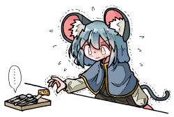 Rule 34 | ..., 1girl, animal ears, arm at side, blue capelet, capelet, cheese, closed mouth, commentary request, constricted pupils, flying sweatdrops, food, grey hair, highres, kasuya baian, mouse ears, mouse girl, mouse tail, mousetrap, nazrin, nervous, outstretched arm, partial commentary, reaching, short hair, simple background, solo, speech bubble, spoken ellipsis, sweat, tail, touhou, trembling, v-shaped eyebrows, wavy mouth, white background