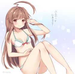 Rule 34 | 10s, 1girl, adapted costume, ahoge, arm up, artist name, ass, bad id, bad nicoseiga id, bare arms, bare legs, bare shoulders, barefoot, bikini, bikini day, blunt bangs, bow, breasts, brown hair, collarbone, eyebrows, gradient background, hair intakes, hand in own hair, heart, kantai collection, kuma (kancolle), legs up, masayo (gin no ame), md5 mismatch, red bow, red eyes, sailor bikini, sailor collar, simple background, sitting, small breasts, smile, solo, swimsuit, text focus, translated, white bikini