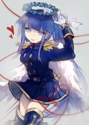 Rule 34 | 1girl, belt, blue belt, blue eyes, blue footwear, blue hair, blue jacket, blue skirt, boots, epaulettes, funamusea, gloves, grey background, heart, heart of string, high ponytail, highres, jacket, looking at viewer, ltra marine, radishcarbon, salute, sketch, skirt, smile, solo, string, string of fate, thigh boots, tongue, tongue out, white gloves, wreath halo