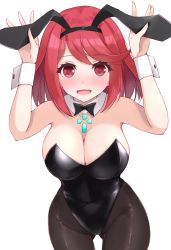 Rule 34 | 1girl, animal ears, arms up, black bow, black bowtie, black leotard, black pantyhose, blush, bow, bowtie, breasts, chest jewel, cleavage, covered navel, cowboy shot, detached collar, fake animal ears, highres, kuro (be ok), large breasts, leotard, looking at viewer, nintendo, pantyhose, playboy bunny, pyra (xenoblade), rabbit ears, red eyes, red hair, short hair, solo, swept bangs, white background, wrist cuffs, xenoblade chronicles (series), xenoblade chronicles 2