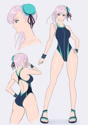 Rule 34 | 1girl, ass, asymmetrical bangs, back, black one-piece swimsuit, blue eyes, breasts, bun cover, character sheet, collarbone, commentary request, competition swimsuit, cowboy shot, cropped torso, fate/grand order, fate (series), feet, female focus, flat color, from behind, from side, full body, grey background, hair bun, hair ribbon, hand on own hip, hand up, highres, imizu (nitro unknown), large breasts, legs, legs apart, long hair, looking at viewer, miyamoto musashi (fate), miyamoto musashi (fate/grand order), miyamoto musashi (swimsuit berserker) (fate), miyamoto musashi (swimsuit berserker) (first ascension) (fate), multiple views, one-piece swimsuit, pink hair, portrait, ribbon, sandals, shiny skin, simple background, single side bun, smile, standing, swimsuit, thighs, toes, v-shaped eyebrows, wrist cuffs