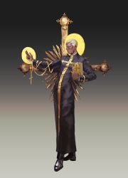 Rule 34 | 1boy, absurdres, alternate eye color, bible (object), black footwear, book, cassock, chinese commentary, commentary request, cross, cross necklace, dark-skinned male, dark skin, enrico pucci, facial hair, full body, gradient background, halo, highres, holding, holding book, holding jewelry, holding necklace, jewelry, unworn jewelry, jojo no kimyou na bouken, kekoukebie, latin cross, long sleeves, looking to the side, male focus, necklace, unworn necklace, no pupils, outstretched arm, priest, robe, short hair, solo, standing, stone ocean, very short hair, white hair, yellow eyes
