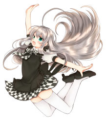 Rule 34 | 1girl, :d, ahoge, bad id, bad pixiv id, blush, checkered clothes, checkered skirt, green eyes, haiyore! nyaruko-san, huge ahoge, jumping, long hair, nyarlathotep (nyaruko-san), open mouth, outstretched arms, school uniform, silver hair, skirt, smile, solo, spread arms, thighhighs, tsukudani norio, white thighhighs