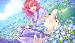 Rule 34 | 2girls, :d, blush, bug, closed eyes, facing another, field, flower, flower field, green hair, highres, ikesawa 99, insect, insect on nose, ladybug, lying, multiple girls, nemophila (flower), on back, open mouth, original, outdoors, red hair, scenery, school uniform, sky, smile