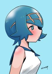 Rule 34 | 1girl, arms at sides, bare arms, blue background, blue eyes, blue hair, blue sailor collar, blush, breasts, chouku tetsushitsuiwa, closed mouth, creatures (company), expressionless, from side, game freak, hairband, highres, lana (pokemon), medium breasts, nintendo, pokemon, pokemon sm, sailor collar, shirt, short hair, signature, simple background, sleeveless, solo, trial captain, twitter username, upper body, white shirt