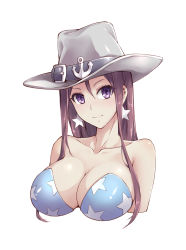 Rule 34 | 1girl, anchor symbol, bad id, bad pixiv id, bare shoulders, breasts, cleavage, closed mouth, collarbone, cowboy hat, earrings, fish.boy, grey hat, hair between eyes, hat, hat belt, highres, jewelry, large breasts, long hair, looking at viewer, purple eyes, purple hair, simple background, sleeveless, smile, solo, star (symbol), star earrings, star print, strapless, tuscaloosa (warship girls r), warship girls r, white background