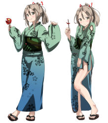 Rule 34 | 1girl, alternate costume, apple, blush, brown hair, candy apple, dress, feet, food, fruit, highres, japanese clothes, kantai collection, kimono, long hair, looking at viewer, multiple views, ponytail, simple background, smile, tama (tamago), toes, torn clothes, white background, yellow eyes, yukata, zuihou (kancolle)