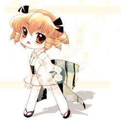 Rule 34 | 1girl, alternate costume, blonde hair, blush, brown eyes, brown hair, chestnut mouth, chibi, drill hair, fairy wings, female focus, floral background, floral print, flower, hair ribbon, highres, japanese clothes, kimono, luna child, open mouth, ribbon, sandals, short hair, short kimono, solo, thighhighs, touhou, white thighhighs, wings, yume shokunin
