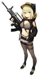 Rule 34 | 1girl, animal ears, animal hat, assault rifle, belt, black gloves, black hat, blonde hair, blue eyes, breasts, cat ears, cleavage, cowboy shot, cross-laced footwear, fingerless gloves, full body, gloves, gun, hair between eyes, hat, highres, kitada mo, large breasts, looking at viewer, microskirt, navel, original, pantyhose, parted lips, pleated skirt, revealing clothes, rifle, simple background, skirt, solo, source request, standing, trigger discipline, weapon, white background