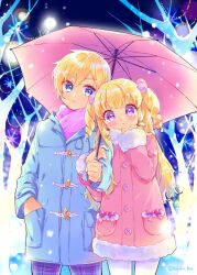 Rule 34 | 1boy, 1girl, bare tree, blonde hair, blue background, blue coat, blue eyes, blush, brother and sister, closed mouth, coat, commentary request, cowboy shot, fur-trimmed coat, fur trim, hand up, holding, holding umbrella, idol time pripara, long hair, long sleeves, looking at another, looking at viewer, outdoors, pink coat, pink scarf, pink umbrella, pretty series, pripara, purple eyes, ringlets, scarf, shared umbrella, short hair, siblings, snowflakes, snowing, standing, touyama soboro, tree, two side up, umbrella, winter, winter clothes, winter coat, yumekawa shogo, yumekawa yui