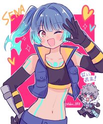 Rule 34 | 1boy, 1girl, blue hair, brown eyes, character name, chibi, colored skin, cropped jacket, elbow gloves, fiery hair, gloves, grey hair, grey skin, heart, highres, lanz (xenoblade), long coat, midriff, navel, one eye closed, red eyes, sena (xenoblade), side ponytail, sports bra, twitter username, xenoblade chronicles (series), xenoblade chronicles 3, yataba
