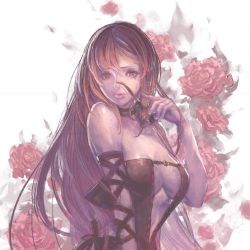 Rule 34 | 1girl, breasts, character request, closed mouth, crying, crying with eyes open, flower, glasses, highres, kazama raita, long hair, looking at viewer, red eyes, red flower, red rose, rose, solo, tears, white background