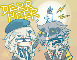 Rule 34 | &gt; &lt;, 1boy, 1girl, ahoge, ahoge grab, beret, black gloves, black hair, black jacket, black necktie, blank eyes, blue headwear, blush, braid, brother and sister, brown background, character name, chibi, chinese commentary, commentary request, d:, dier (girls&#039; frontline), dx, fingerless gloves, flying teardrops, girls&#039; frontline, gloves, grabbing another&#039;s hair, grey hair, hair ornament, hairclip, hat, holding, holding wrench, hood, hoodie, jacket, lightning bolt symbol, long hair, long sleeves, necktie, no mouth, open mouth, shirt, short hair, siblings, sier (girls&#039; frontline), simple background, star (symbol), striped clothes, striped jacket, su xiao jei, tears, twin braids, upper body, white gloves, white hoodie, white shirt, wrench, yellow jacket