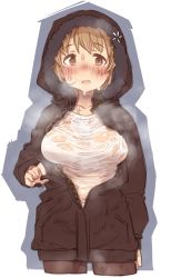 Rule 34 | 10s, 1girl, 7010, black pantyhose, blush, breasts, brown eyes, brown hair, coat, head, hood, hooded coat, idolmaster, idolmaster cinderella girls, large breasts, looking at viewer, mimura kanako, nervous sweating, no bra, open mouth, pantyhose, see-through, short hair, simple background, solo, sweat, wet, wet clothes, white background
