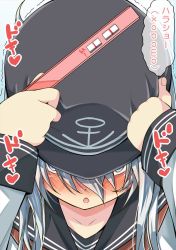 Rule 34 | 1girl, blush, collarbone, covering privates, hat, hibiki (kancolle), highres, horosho, kantai collection, long hair, looking at viewer, nanokah2, open mouth, pregnancy test, pregnant, school uniform, silver hair, solo, translated