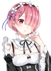 Rule 34 | 1girl, absurdres, bare shoulders, black bow, black ribbon, blush, bow, breasts, cleavage, detached collar, detached sleeves, dress, dress bow, female focus, frilled sleeves, frills, hair ornament, hair over one eye, hair ribbon, hairclip, hand up, highres, long sleeves, looking at viewer, maid, maid headdress, matching hair/eyes, neck ribbon, one eye covered, open mouth, parted lips, pink eyes, pink hair, ram (re:zero), re:zero kara hajimeru isekai seikatsu, ribbon, roswaal mansion maid uniform, short hair, simple background, small breasts, solo, upper body, white background, x hair ornament, yoshinon (yoshinon kotori)